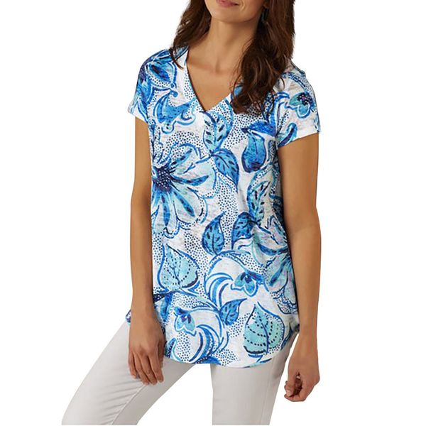 fashion women summer casual v-neck print short sleeve shirt, White